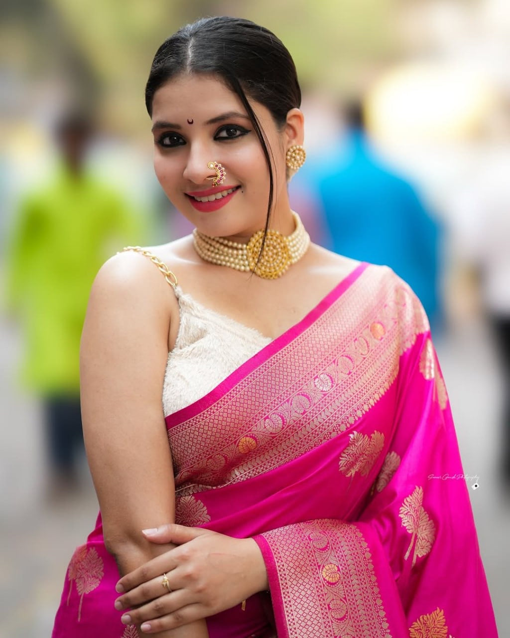 Hot Pink Banarasi Silk Saree with Gold Zari Leaf Motifs & Rich Border