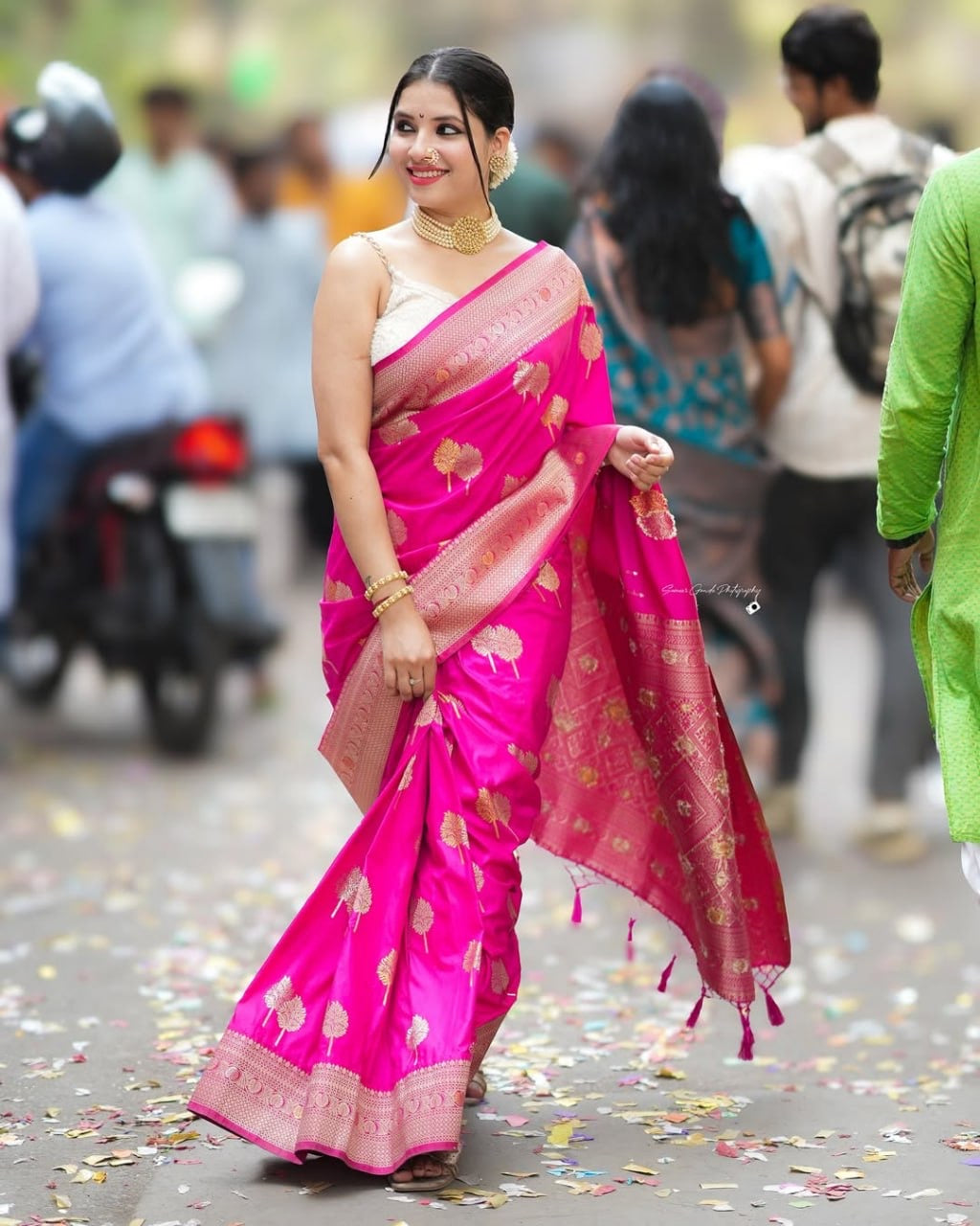 Hot Pink Banarasi Silk Saree with Gold Zari Leaf Motifs & Rich Border