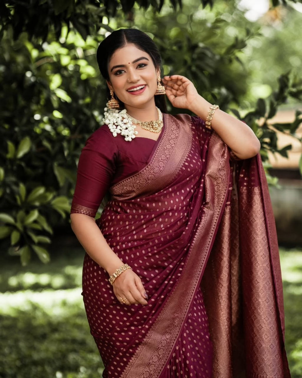 Wine Banarasi Silk Saree with Antique Zari Buti and Rich Paisley Border