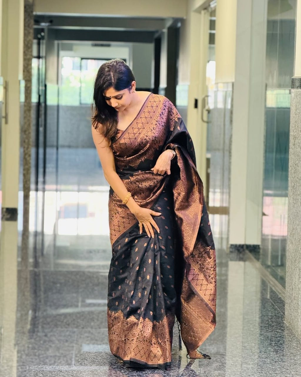 Elegant Black & Copper Silk Saree with Traditional Zari Work