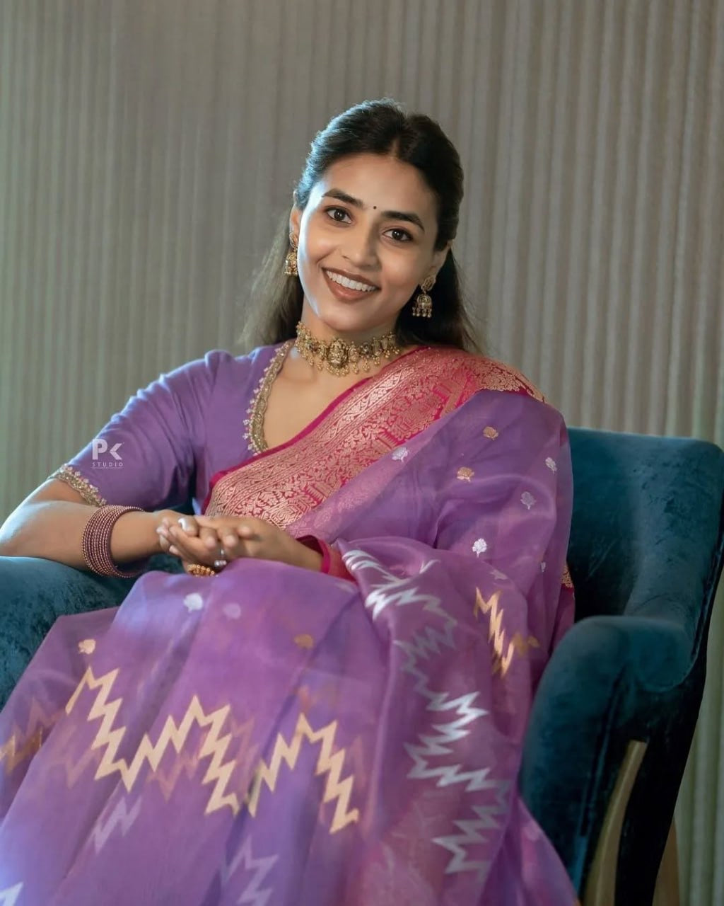raceful Lavender Silk Saree with Golden Zari & Pink Border