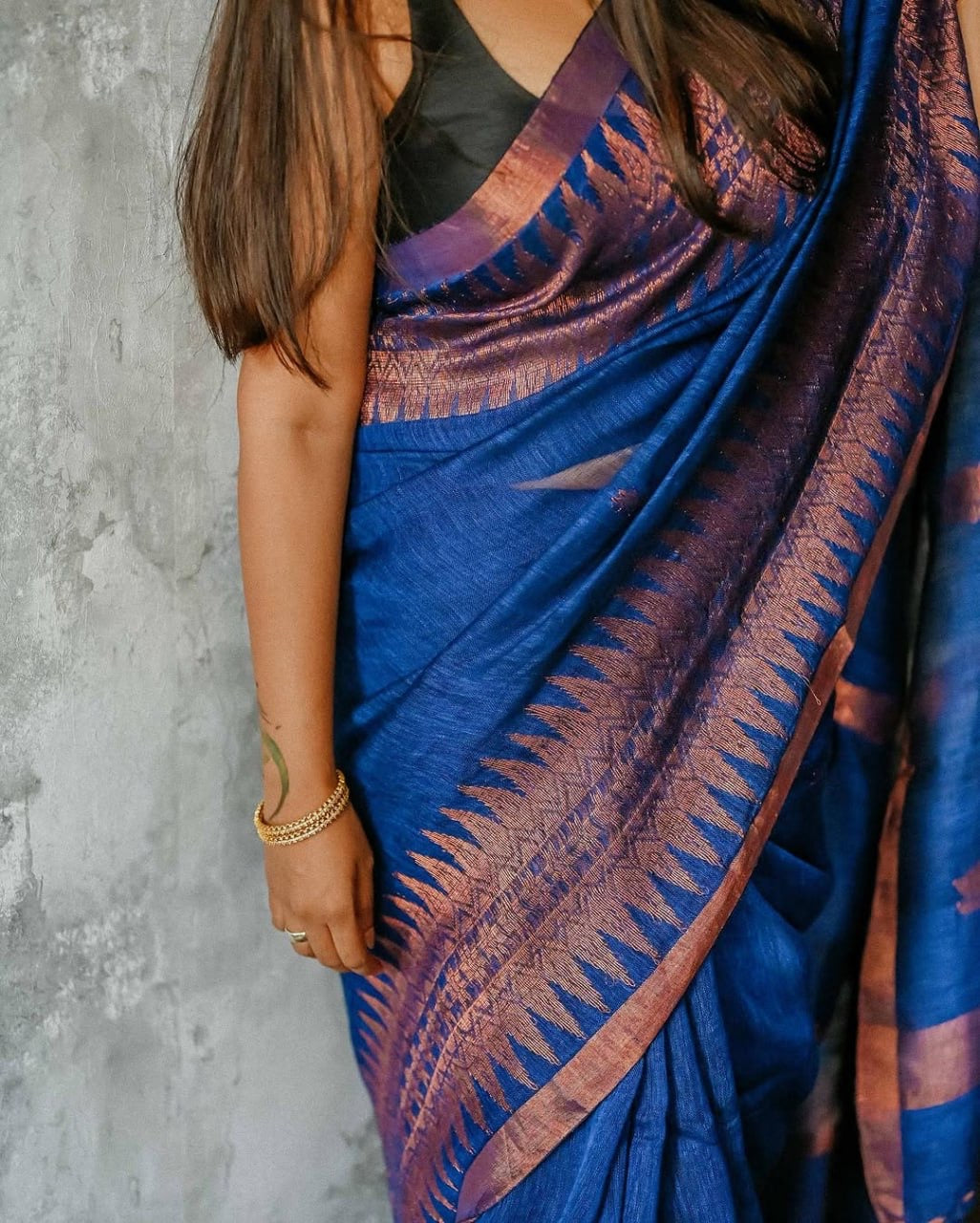 Royal Blue Handloom Silk Saree with Copper Zari Border