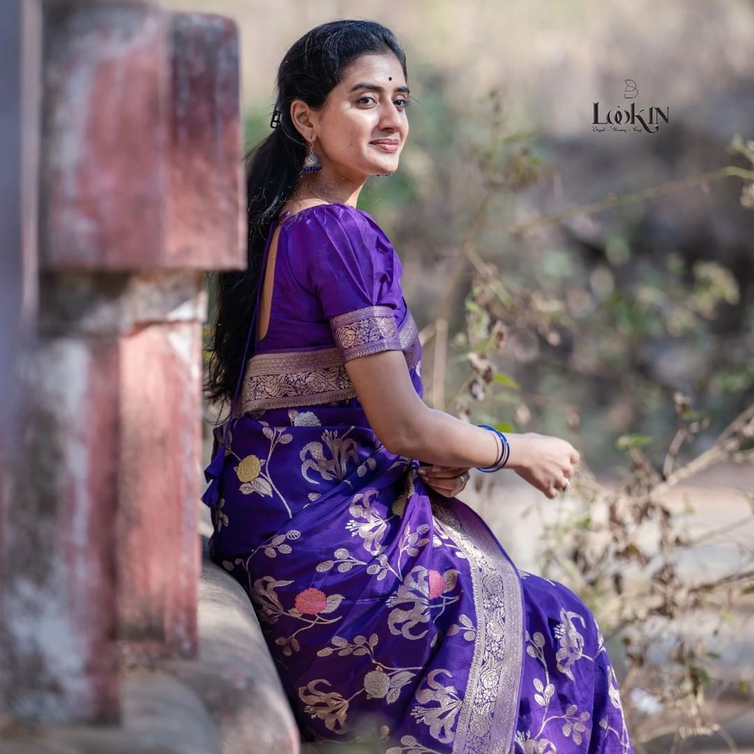 Royal Purple Banarasi Silk Saree with Golden Floral Zari Work
