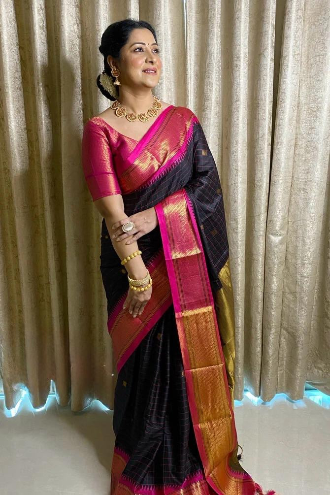 Royal Purple Banarasi Silk Saree with Golden Floral Zari Work