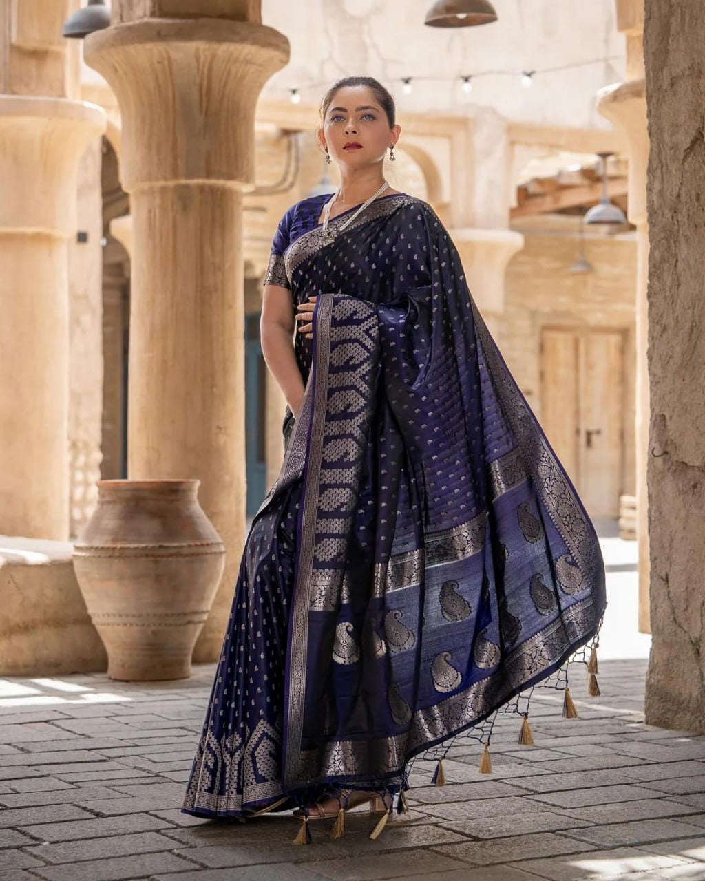 Midnight Blue Banarasi Silk Saree with Silver Zari Work