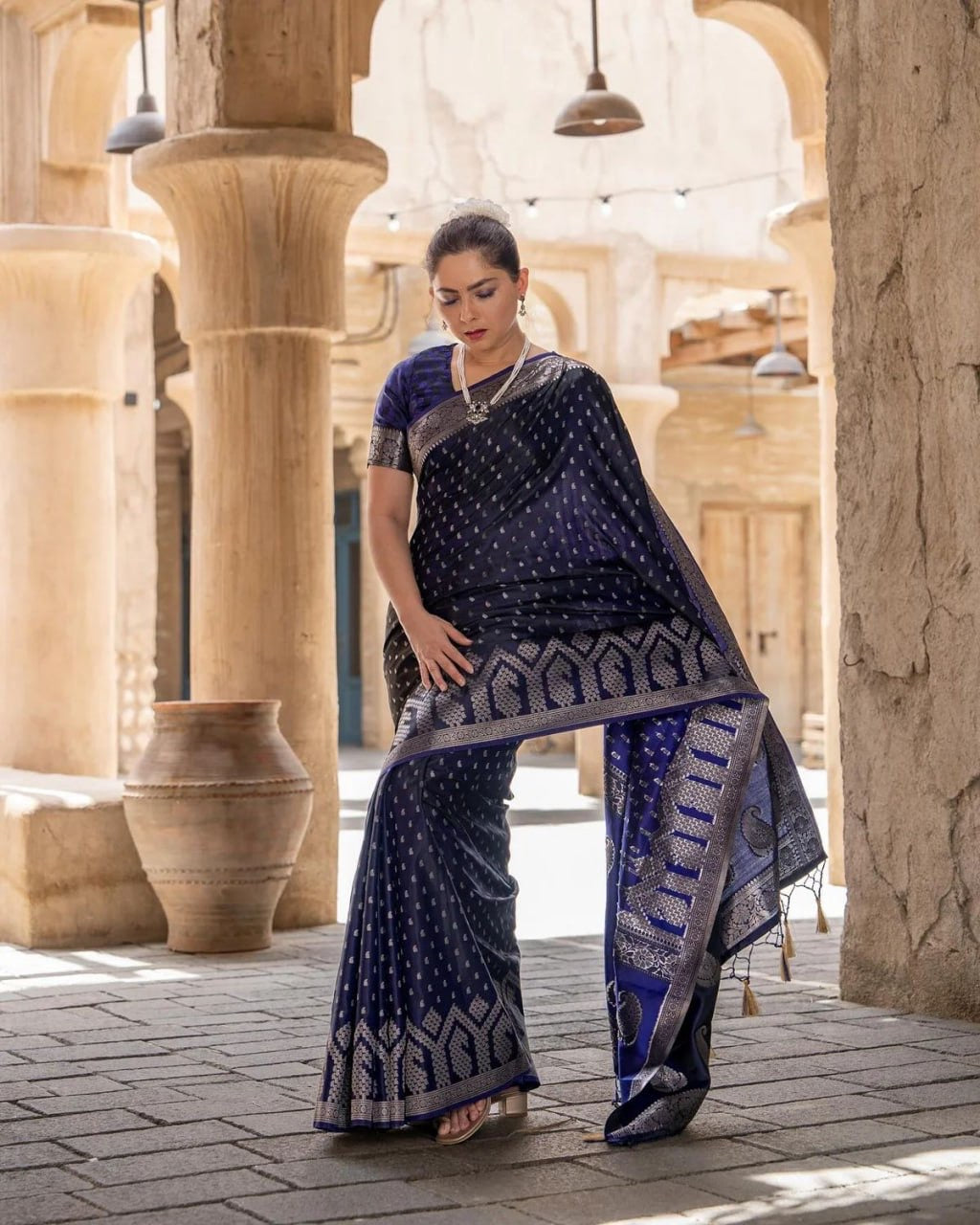 Midnight Blue Banarasi Silk Saree with Silver Zari Work