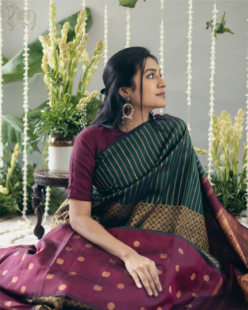 Bottle Green & Maroon Banarasi Silk Saree with Golden Zari Stripes and Border