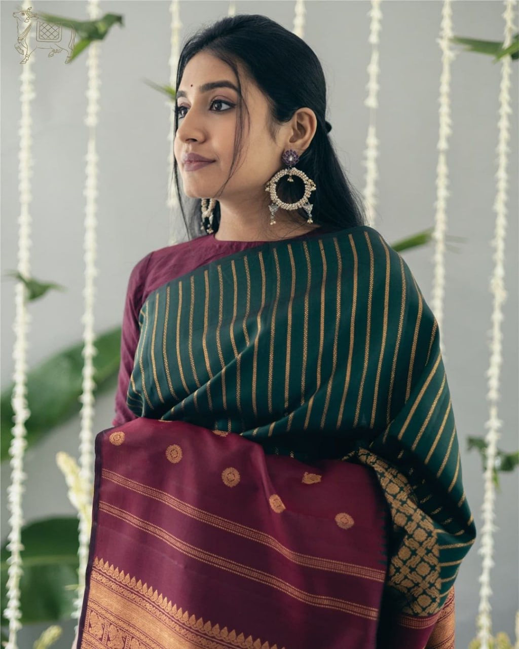 Bottle Green & Maroon Banarasi Silk Saree with Golden Zari Stripes and Border