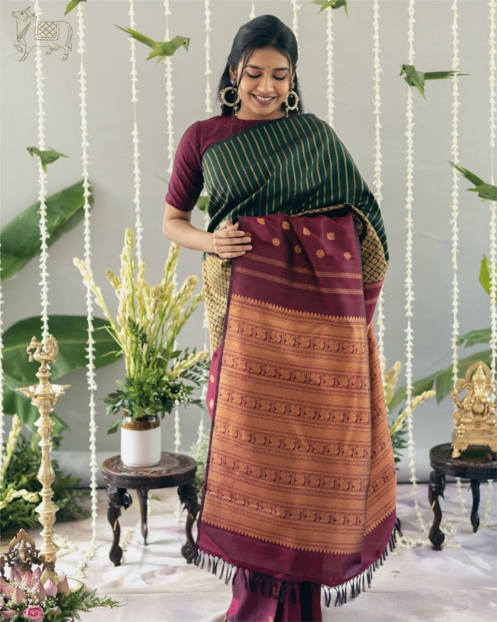 Bottle Green & Maroon Banarasi Silk Saree with Golden Zari Stripes and Border