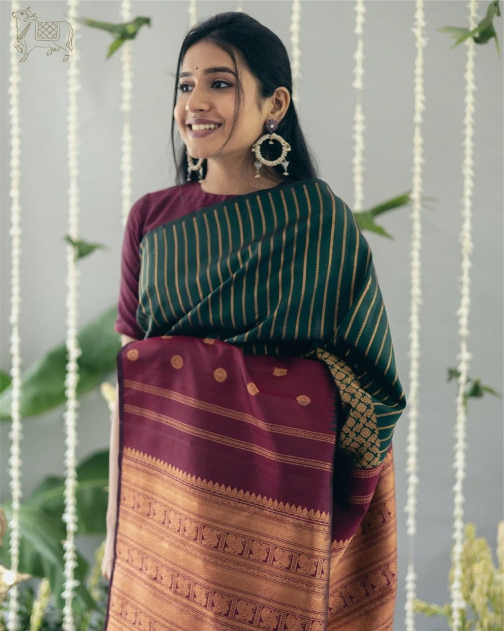 Bottle Green & Maroon Banarasi Silk Saree with Golden Zari Stripes and Border
