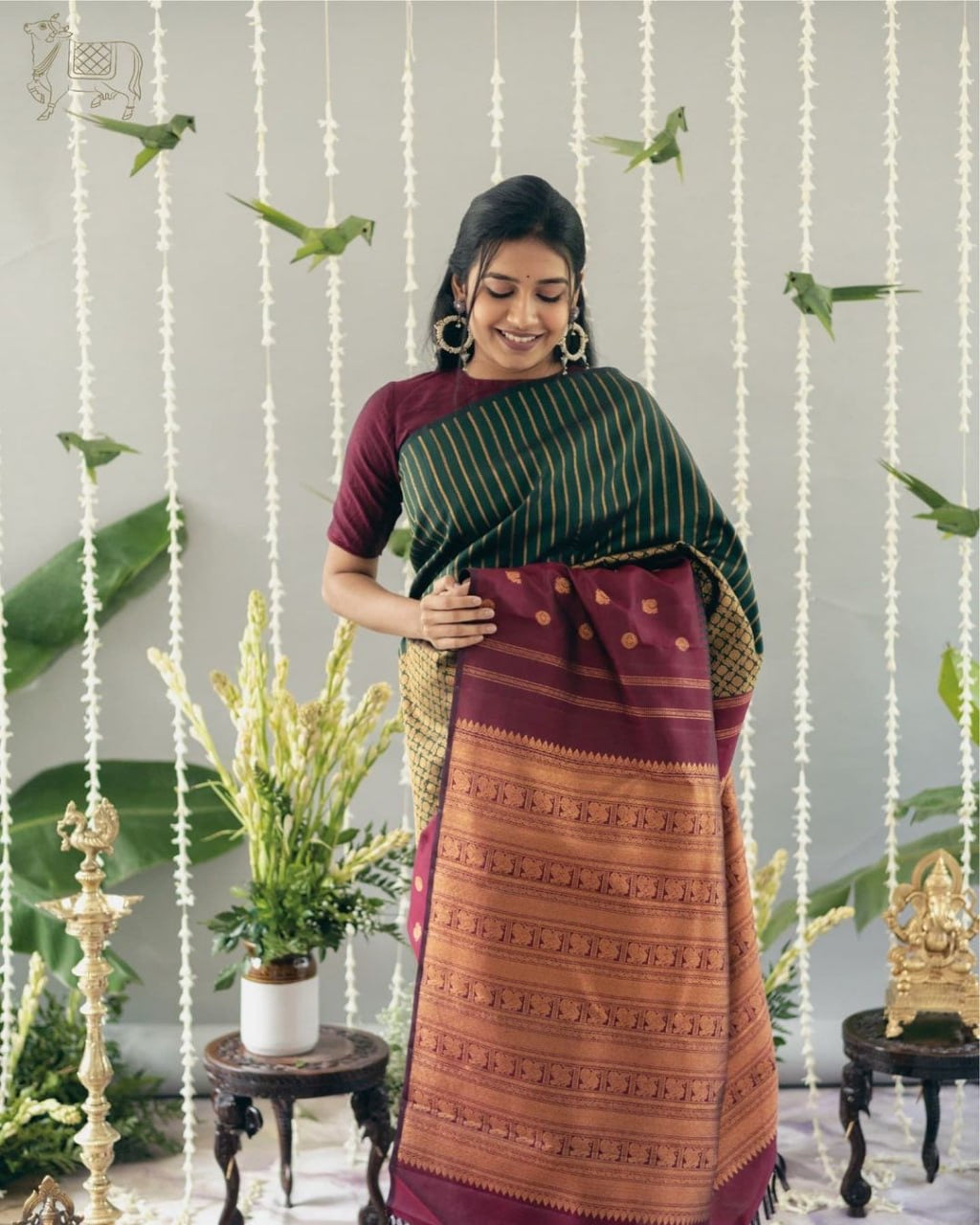 Bottle Green & Maroon Banarasi Silk Saree with Golden Zari Stripes and Border