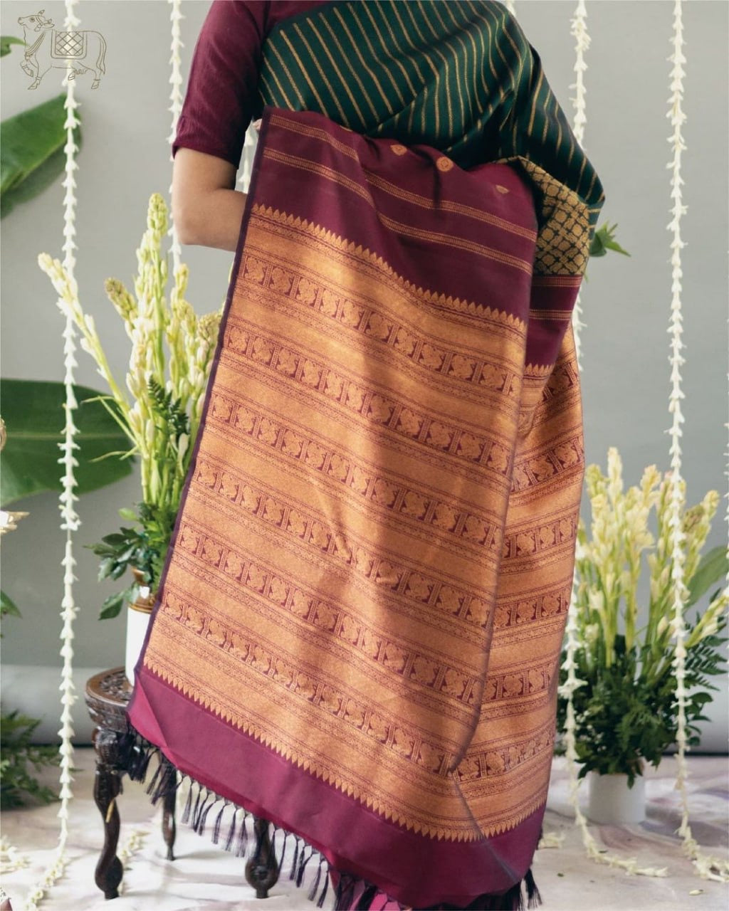 Bottle Green & Maroon Banarasi Silk Saree with Golden Zari Stripes and Border
