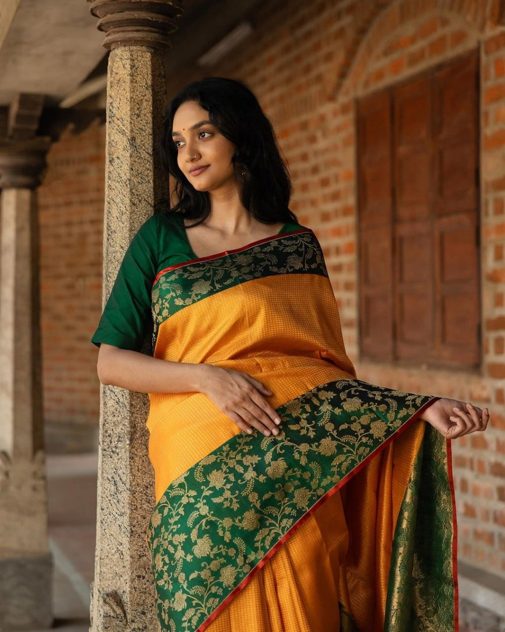 Golden Yellow Kanjivaram Silk Saree with Emerald Green Zari Border