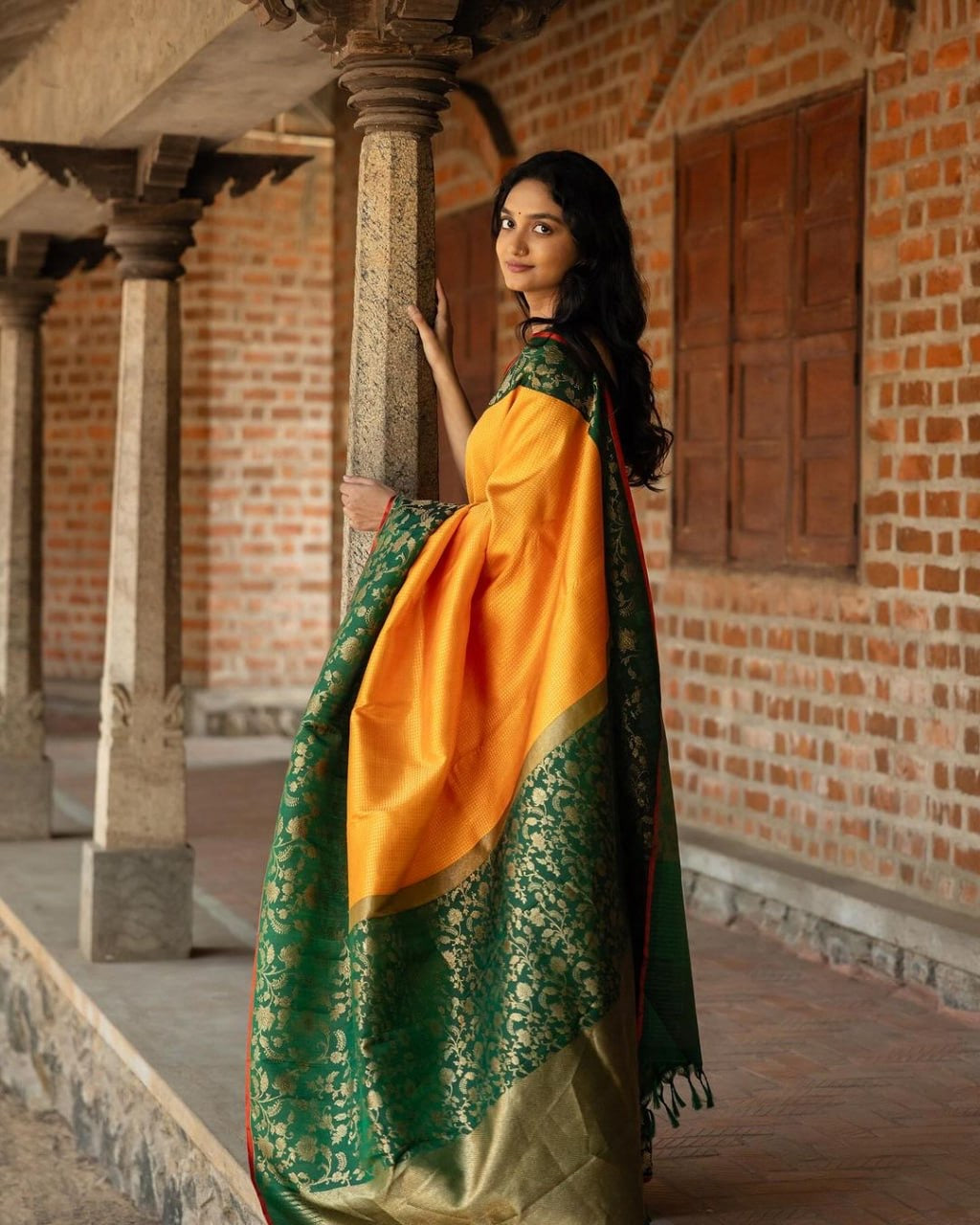 Golden Yellow Kanjivaram Silk Saree with Emerald Green Zari Border
