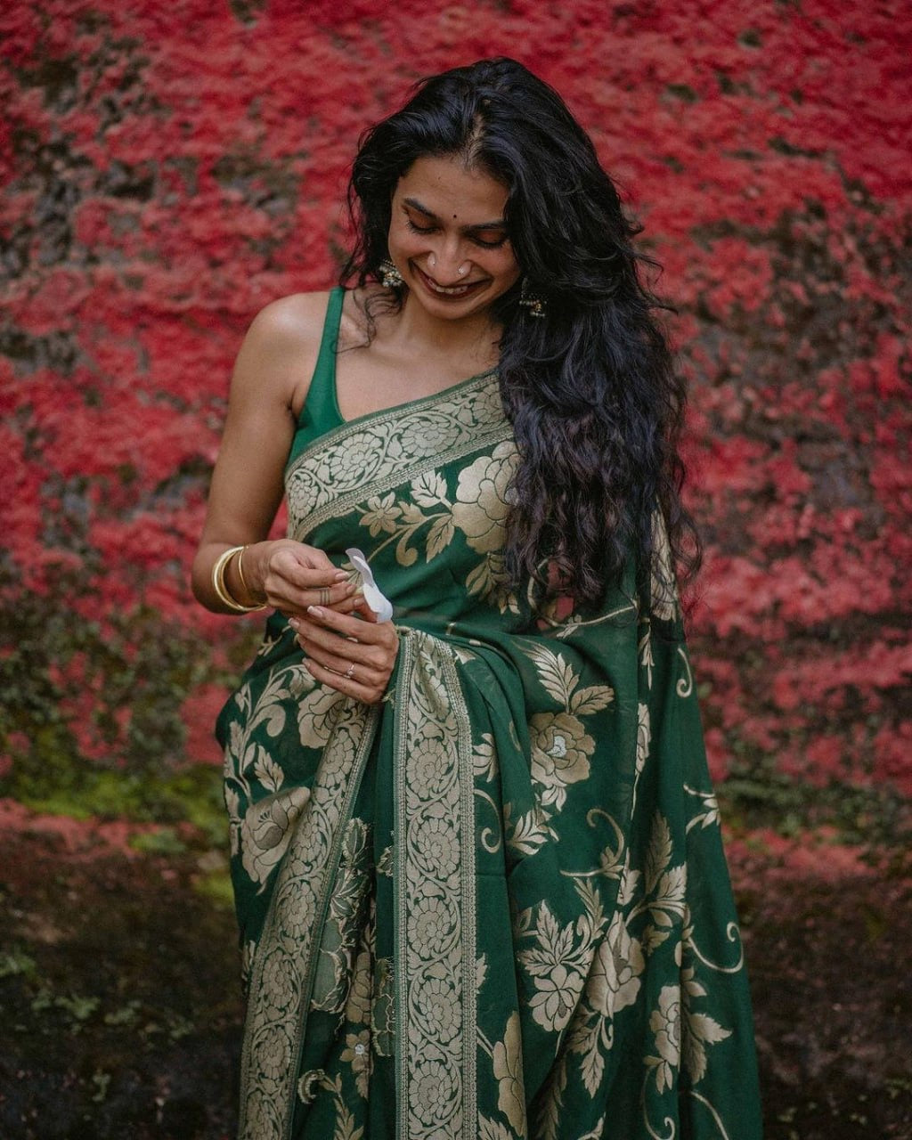 Elegant Bottle Green Floral Woven Saree with Antique Gold Detailing