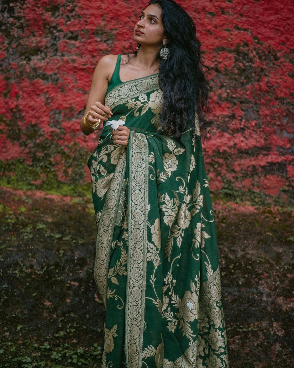 Elegant Bottle Green Floral Woven Saree with Antique Gold Detailing