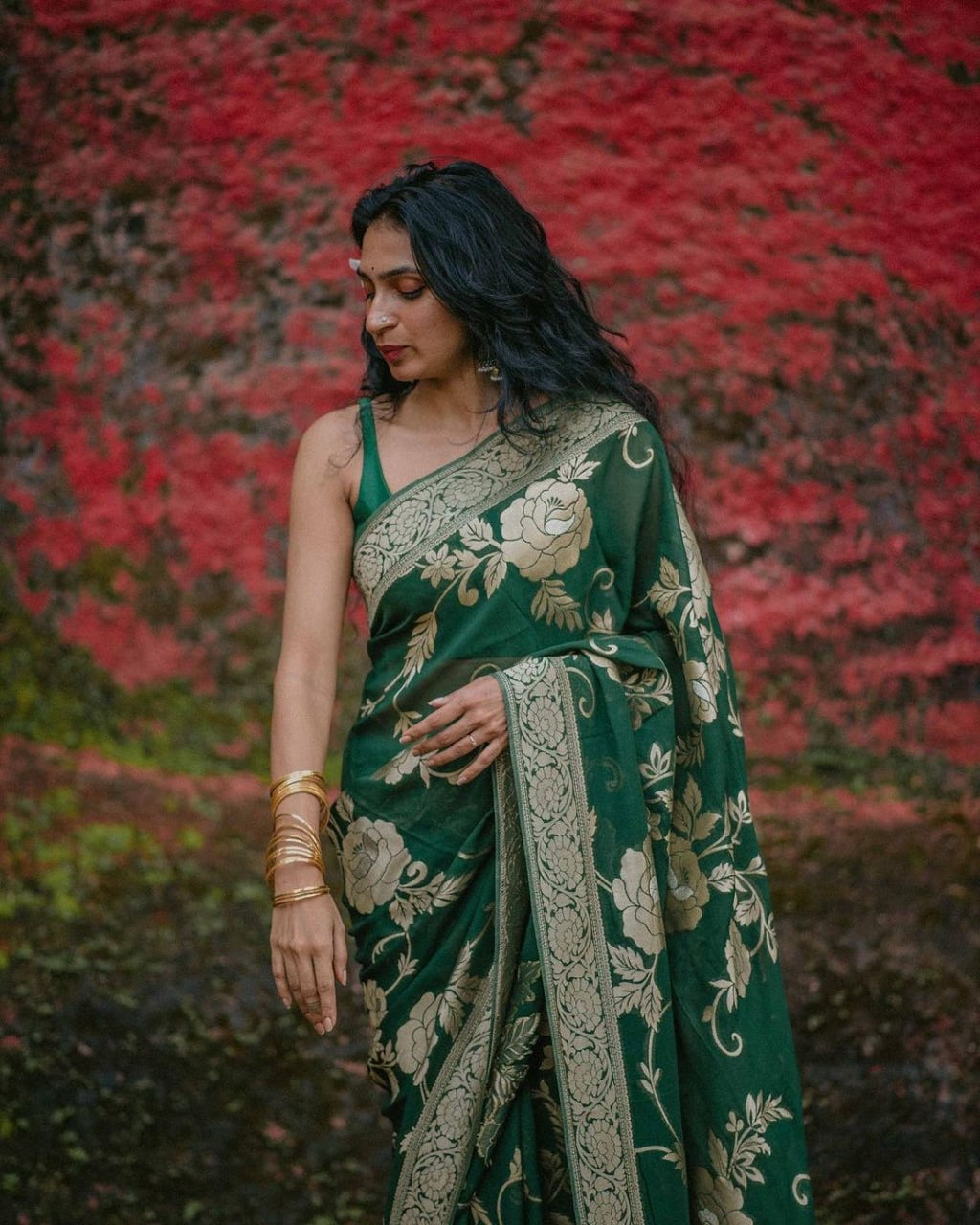 Elegant Bottle Green Floral Woven Saree with Antique Gold Detailing