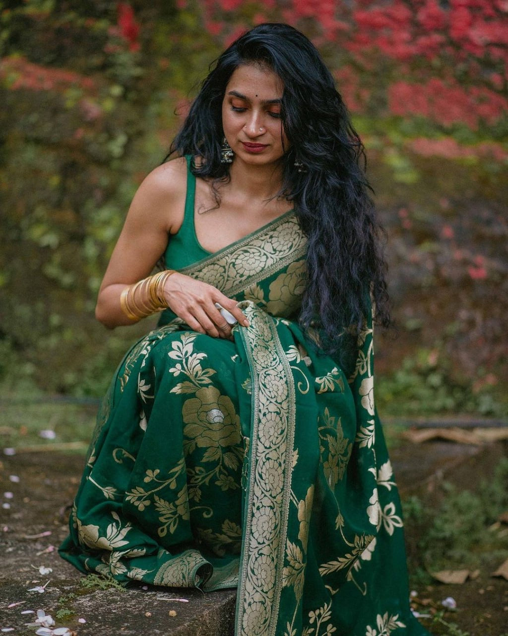 Elegant Bottle Green Floral Woven Saree with Antique Gold Detailing