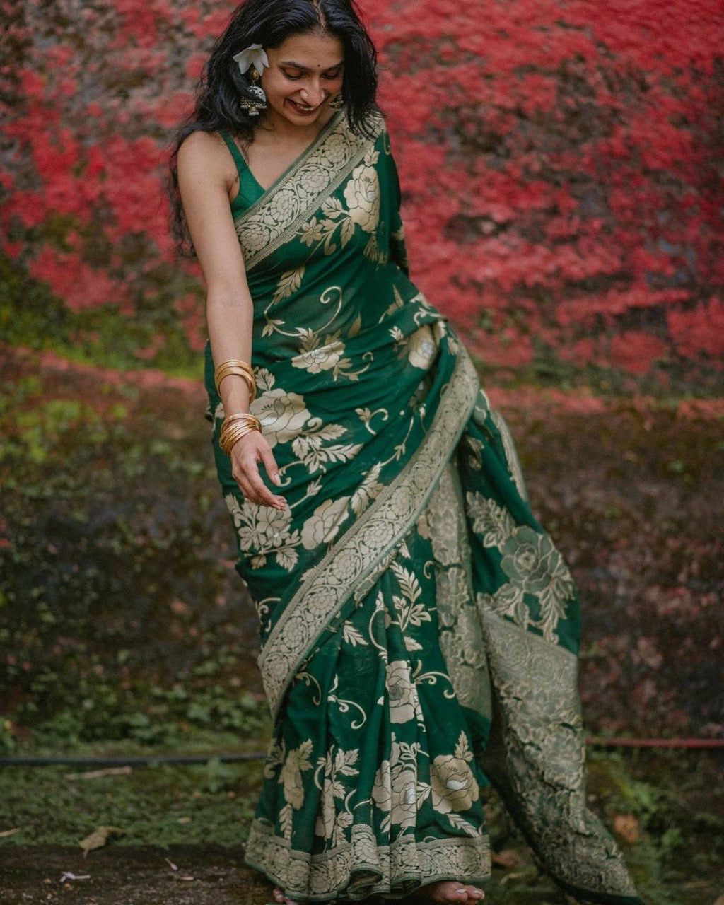 Elegant Bottle Green Floral Woven Saree with Antique Gold Detailing
