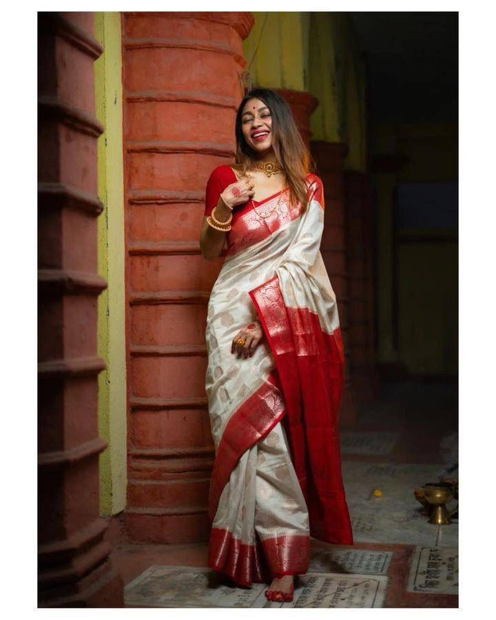 Classic White and Red Bengali Silk Saree with Rich Zari Border