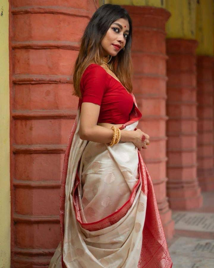 Classic White and Red Bengali Silk Saree with Rich Zari Border