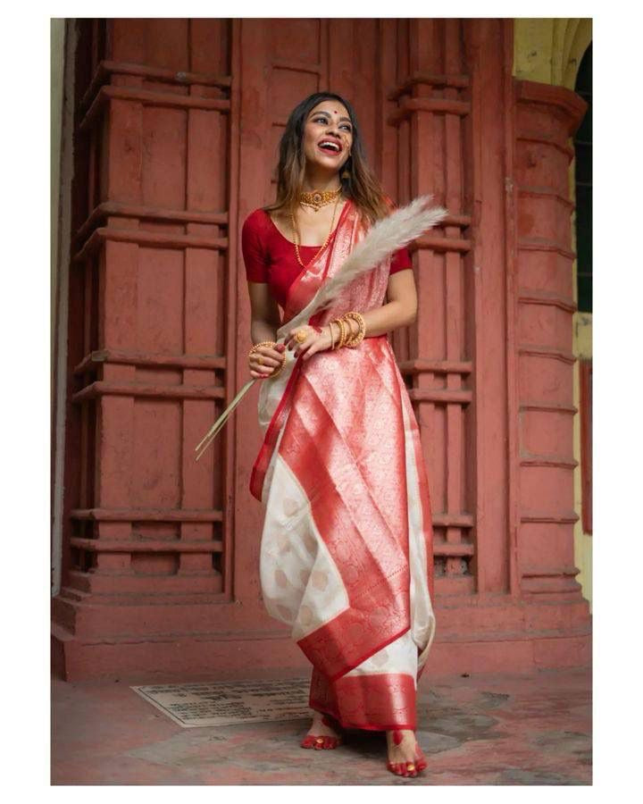 Classic White and Red Bengali Silk Saree with Rich Zari Border