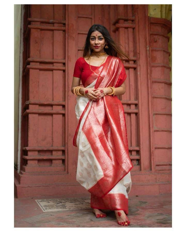 Classic White and Red Bengali Silk Saree with Rich Zari Border