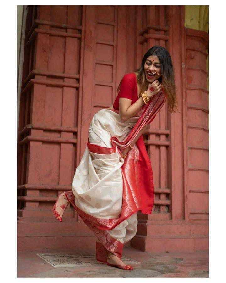 Classic White and Red Bengali Silk Saree with Rich Zari Border