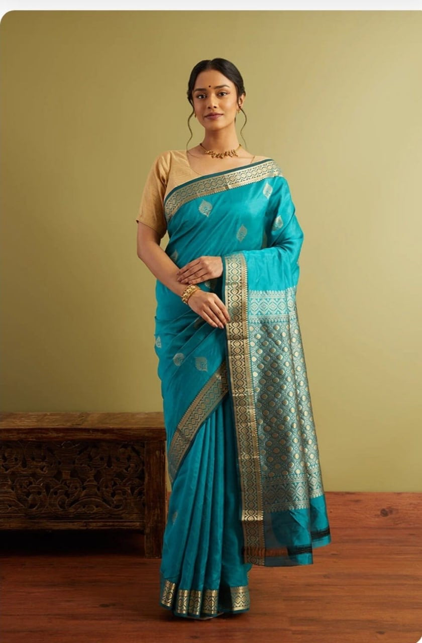 Teal Blue Banarasi Silk Saree with Intricate Zari Weaving