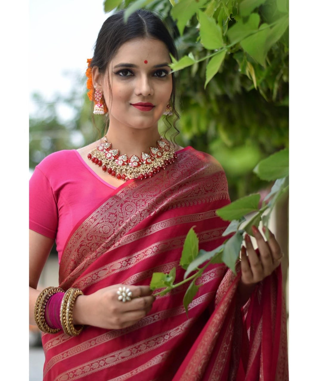 Classic Rani Pink Kanjivaram Silk Saree with Self Zari Stripes and Floral Weaves