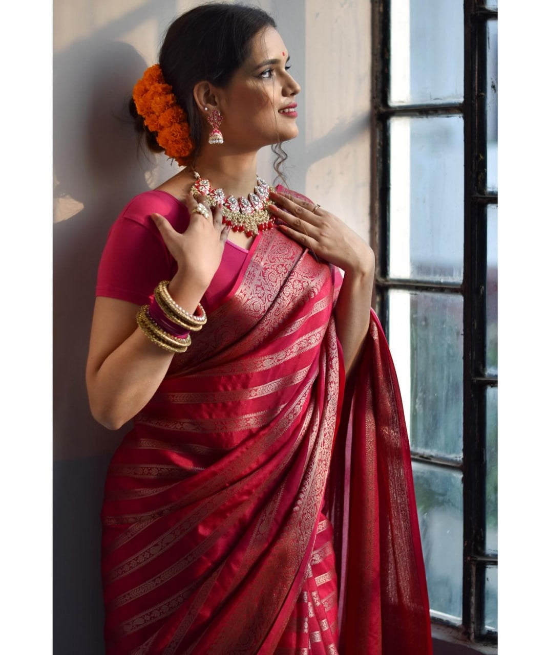 Classic Rani Pink Kanjivaram Silk Saree with Self Zari Stripes and Floral Weaves