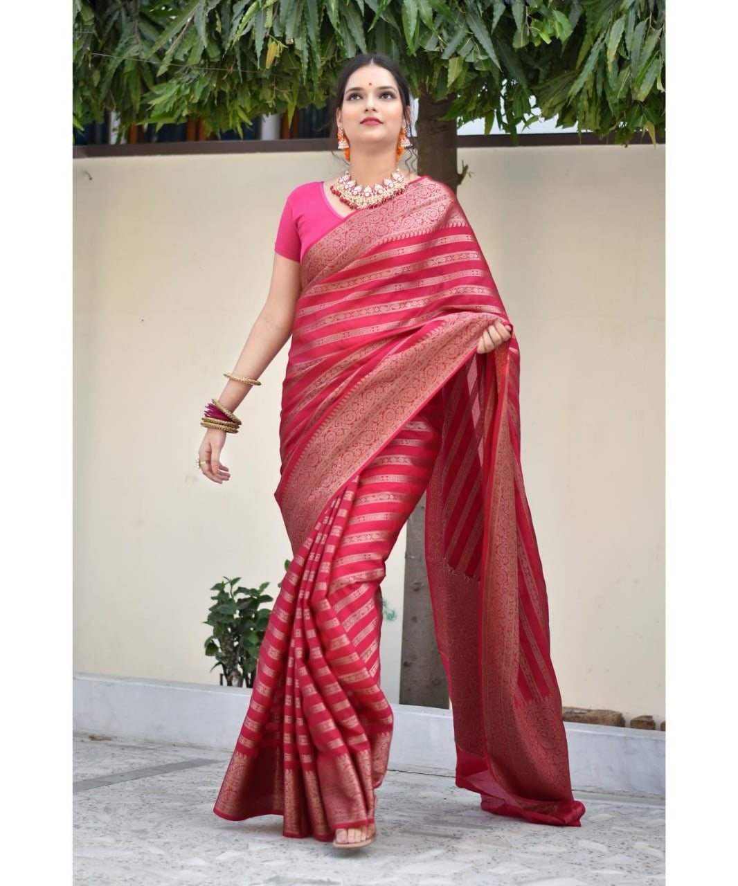 Classic Rani Pink Kanjivaram Silk Saree with Self Zari Stripes and Floral Weaves