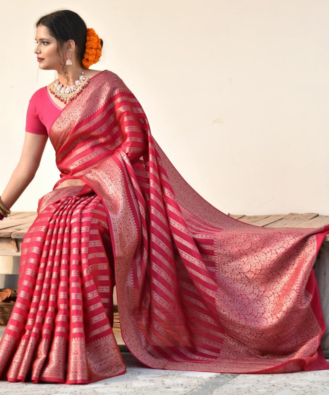 Classic Rani Pink Kanjivaram Silk Saree with Self Zari Stripes and Floral Weaves