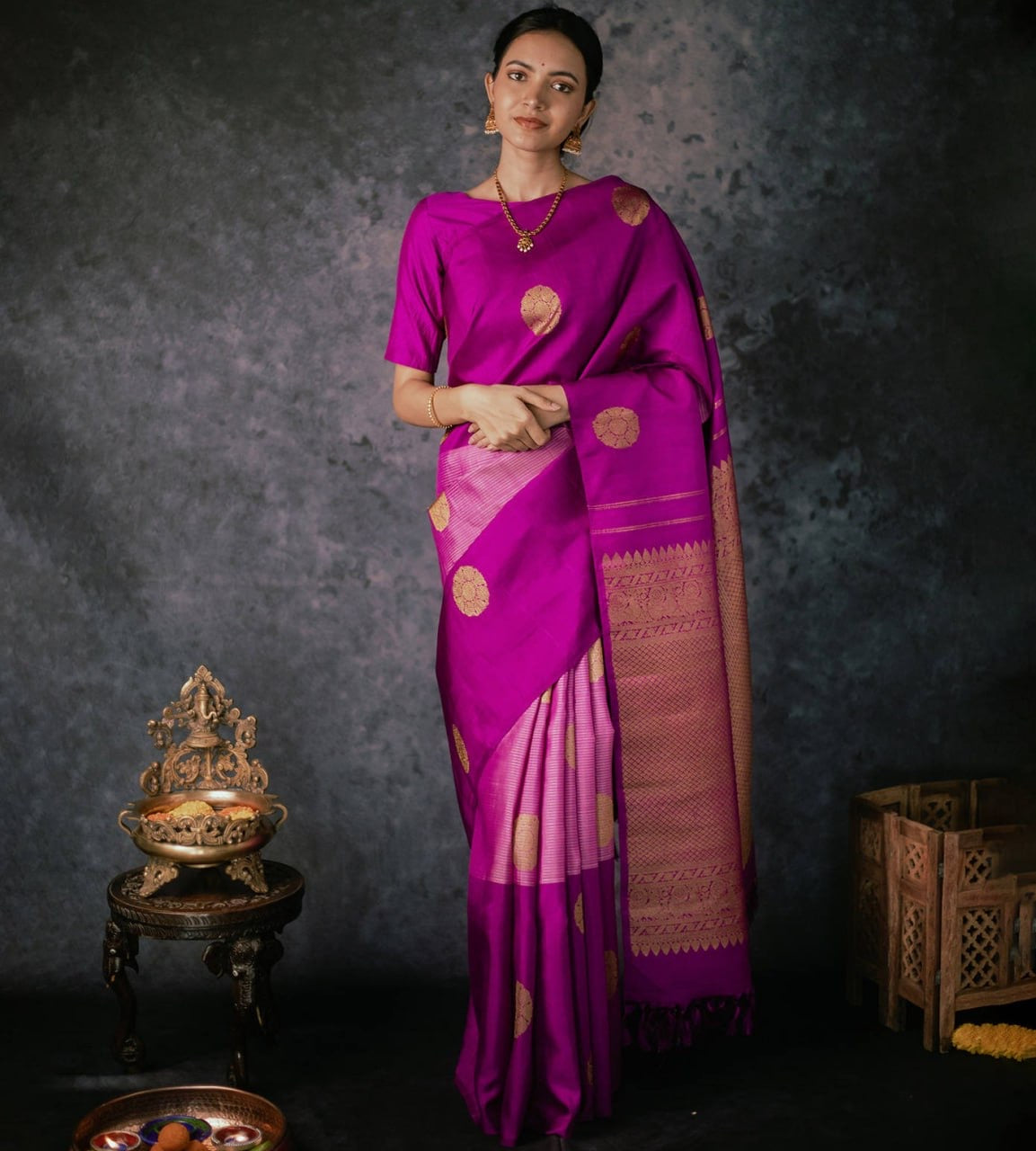 Magenta Banarasi Silk Saree with Zari Buttas and Rich Pallu – Festive Wedding Wear