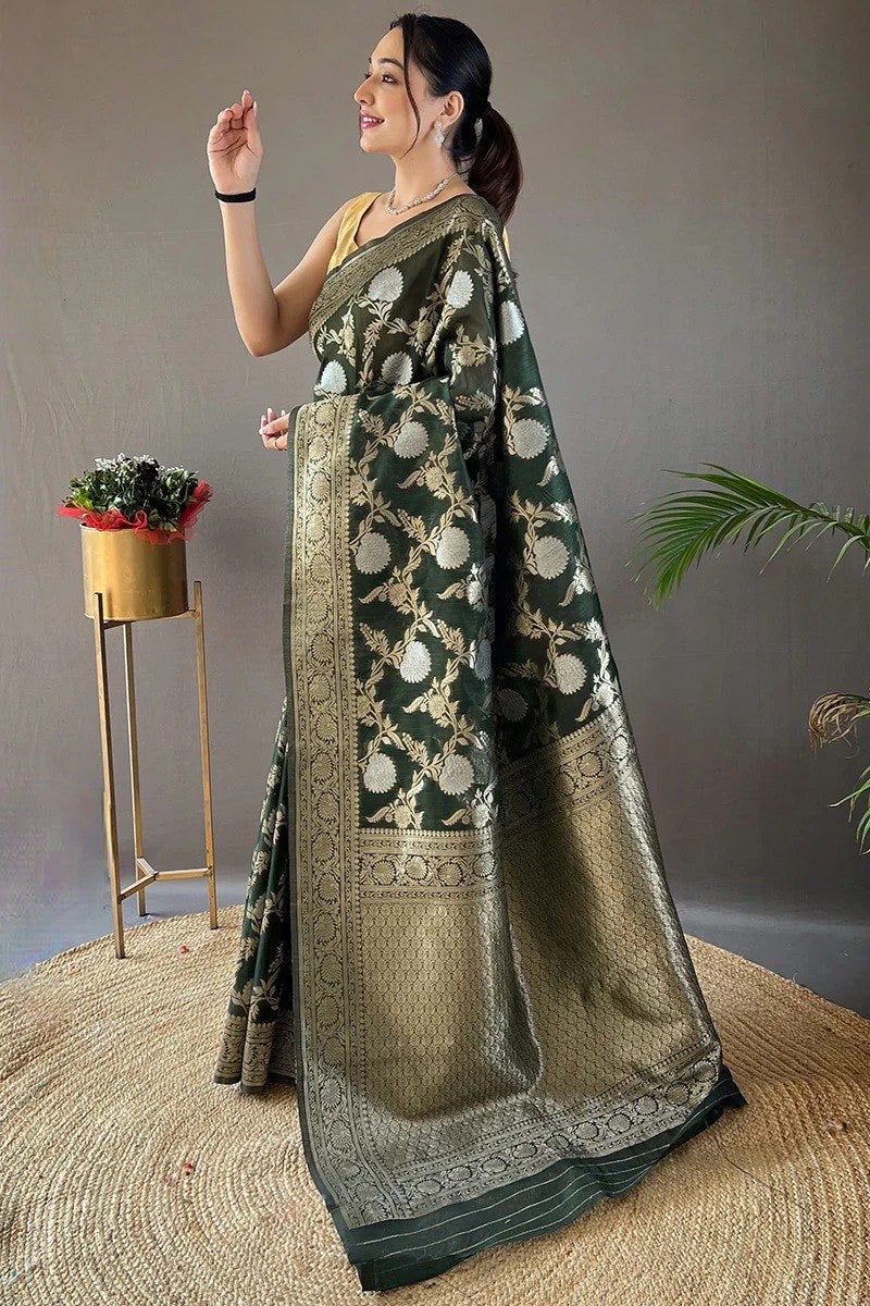 Classic Banarasi Silk Saree with Zari Floral Brocade and Ornate Border