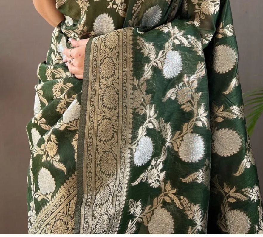 Classic Banarasi Silk Saree with Zari Floral Brocade and Ornate Border