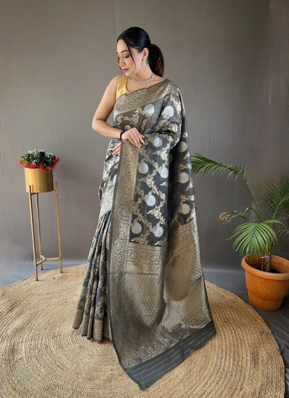 Classic Banarasi Silk Saree with Zari Floral Brocade and Ornate Border
