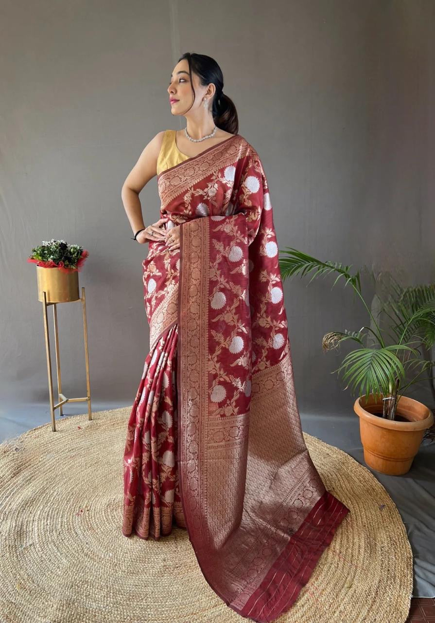 Classic Banarasi Silk Saree with Zari Floral Brocade and Ornate Border