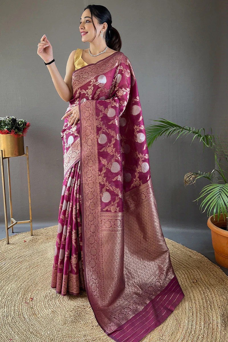 Classic Banarasi Silk Saree with Zari Floral Brocade and Ornate Border