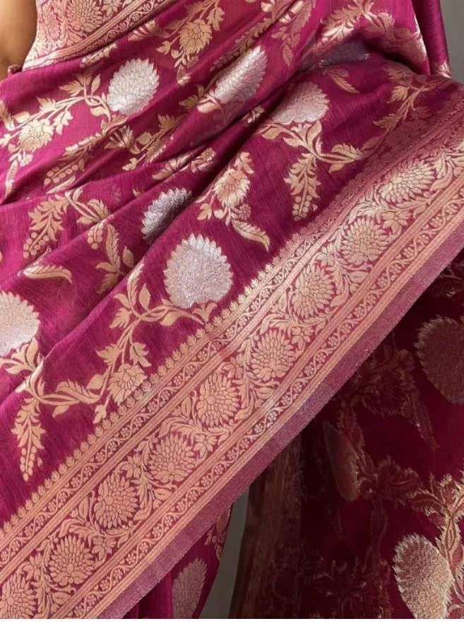 Classic Banarasi Silk Saree with Zari Floral Brocade and Ornate Border