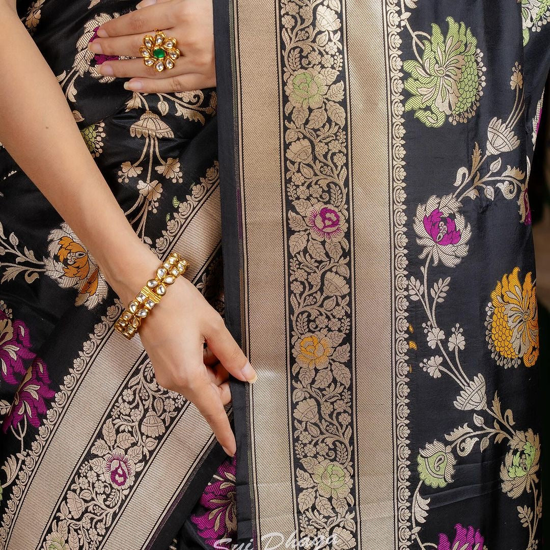 Elegant Black Banarasi Silk Saree with Zari & Floral Weaves