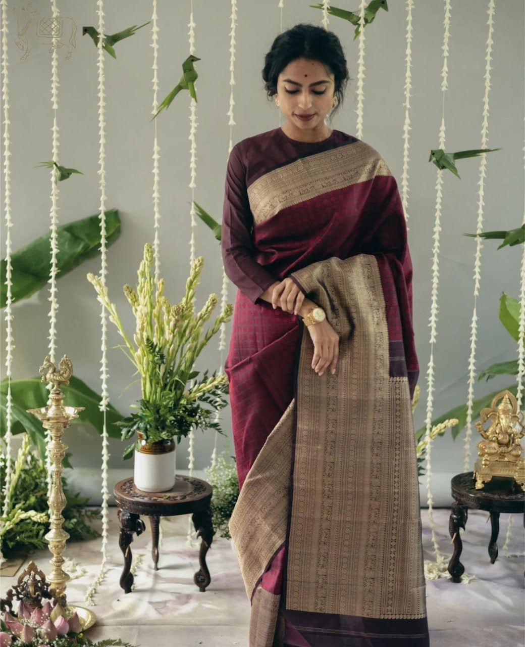 Maroon Handloom Silk Saree with Antique Zari Border