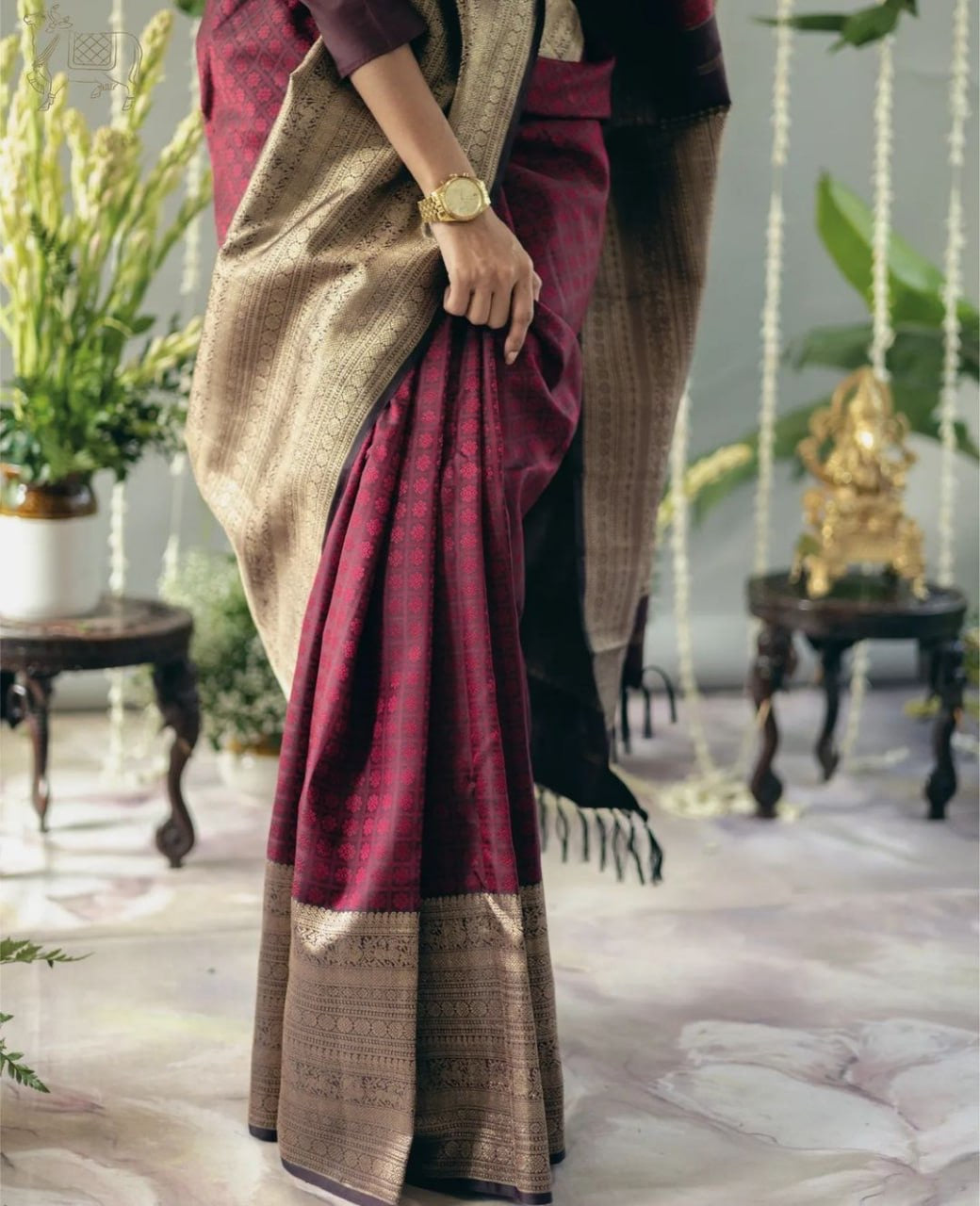 Maroon Handloom Silk Saree with Antique Zari Border