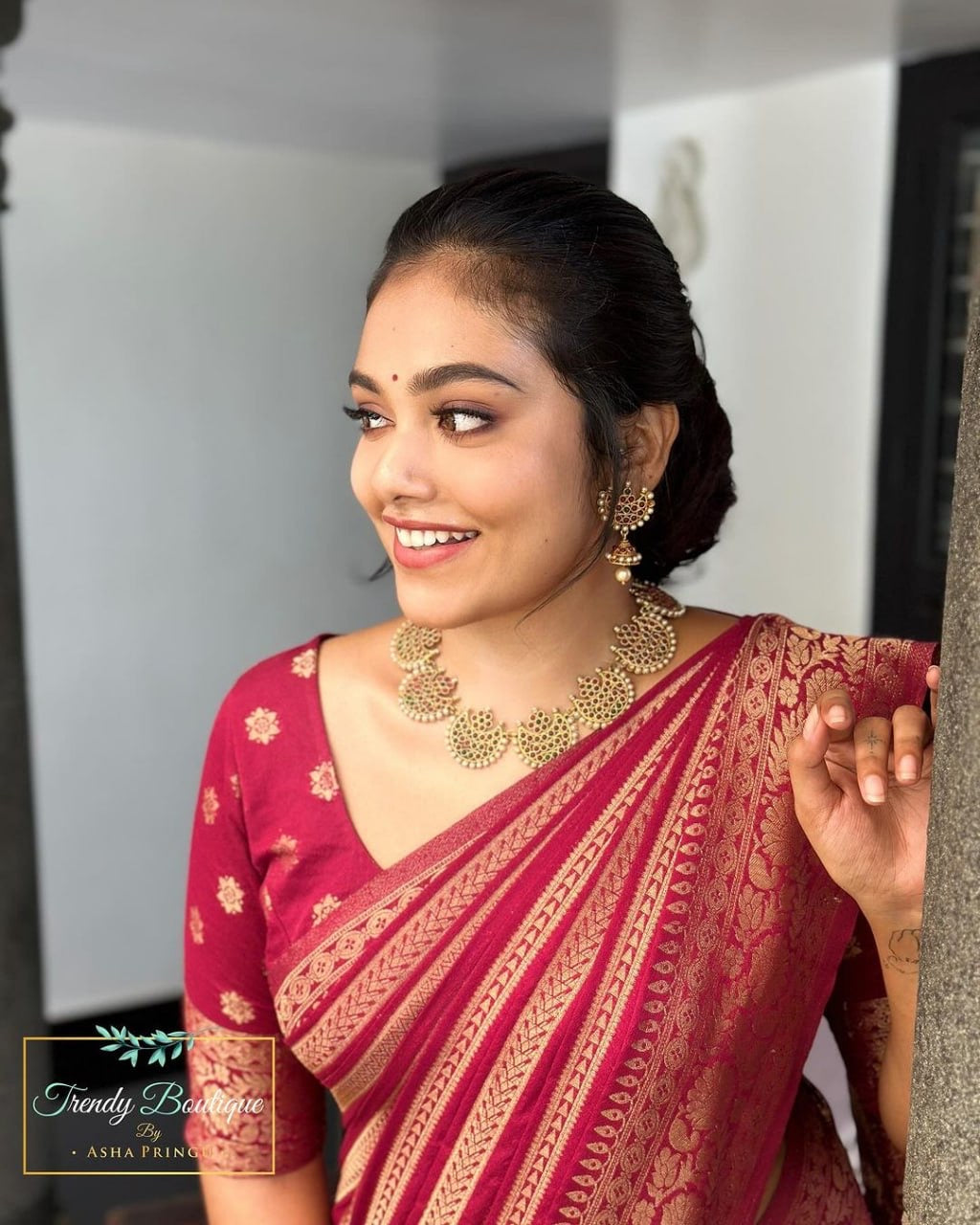 Wine Red Banarasi Silk Saree with Golden Floral Zari Work