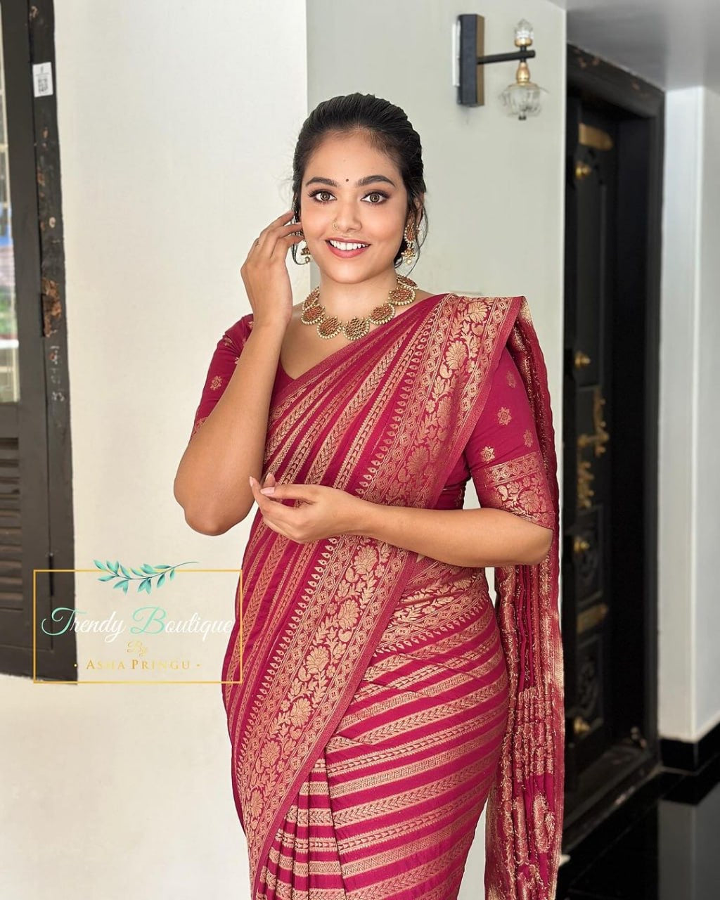 Wine Red Banarasi Silk Saree with Golden Floral Zari Work