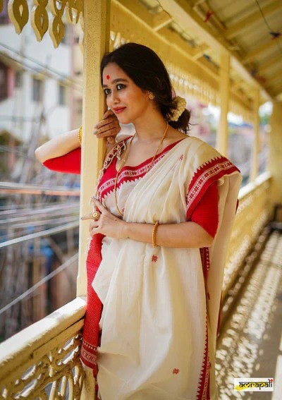 Traditional White & Red Bengali Cotton Saree