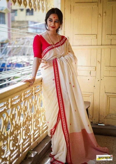 Traditional White & Red Bengali Cotton Saree