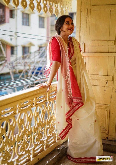 Traditional White & Red Bengali Cotton Saree