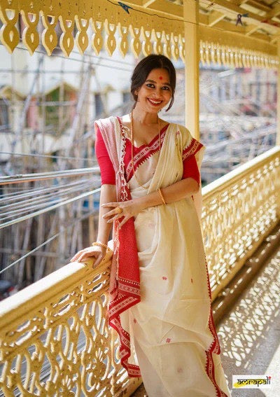 Traditional White & Red Bengali Cotton Saree