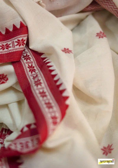 Traditional White & Red Bengali Cotton Saree